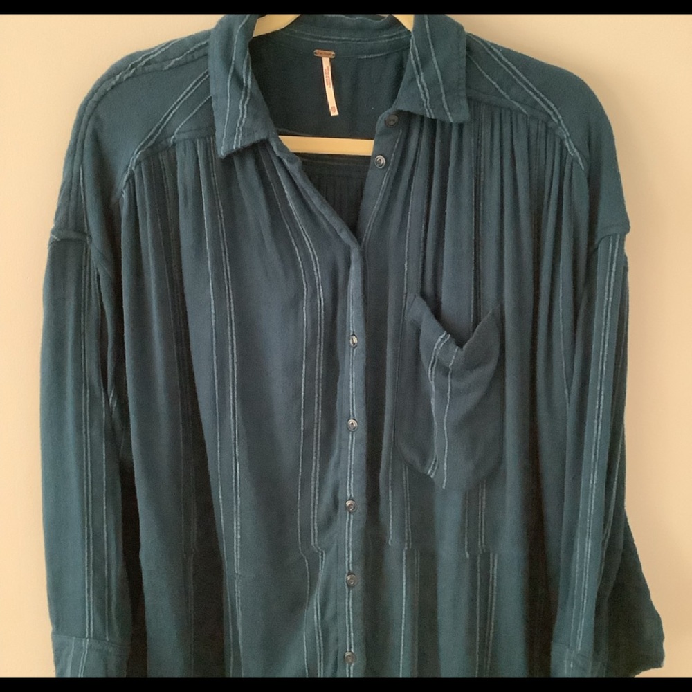 Free People teal green/blue button down top size xs